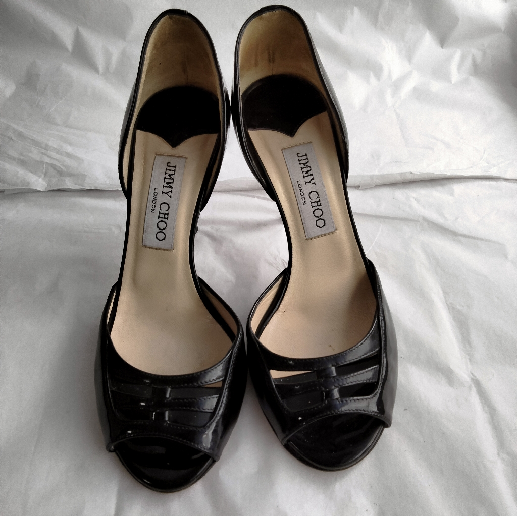 Jimmy Choo Slingback Heels Patent Black Sandals Size 37